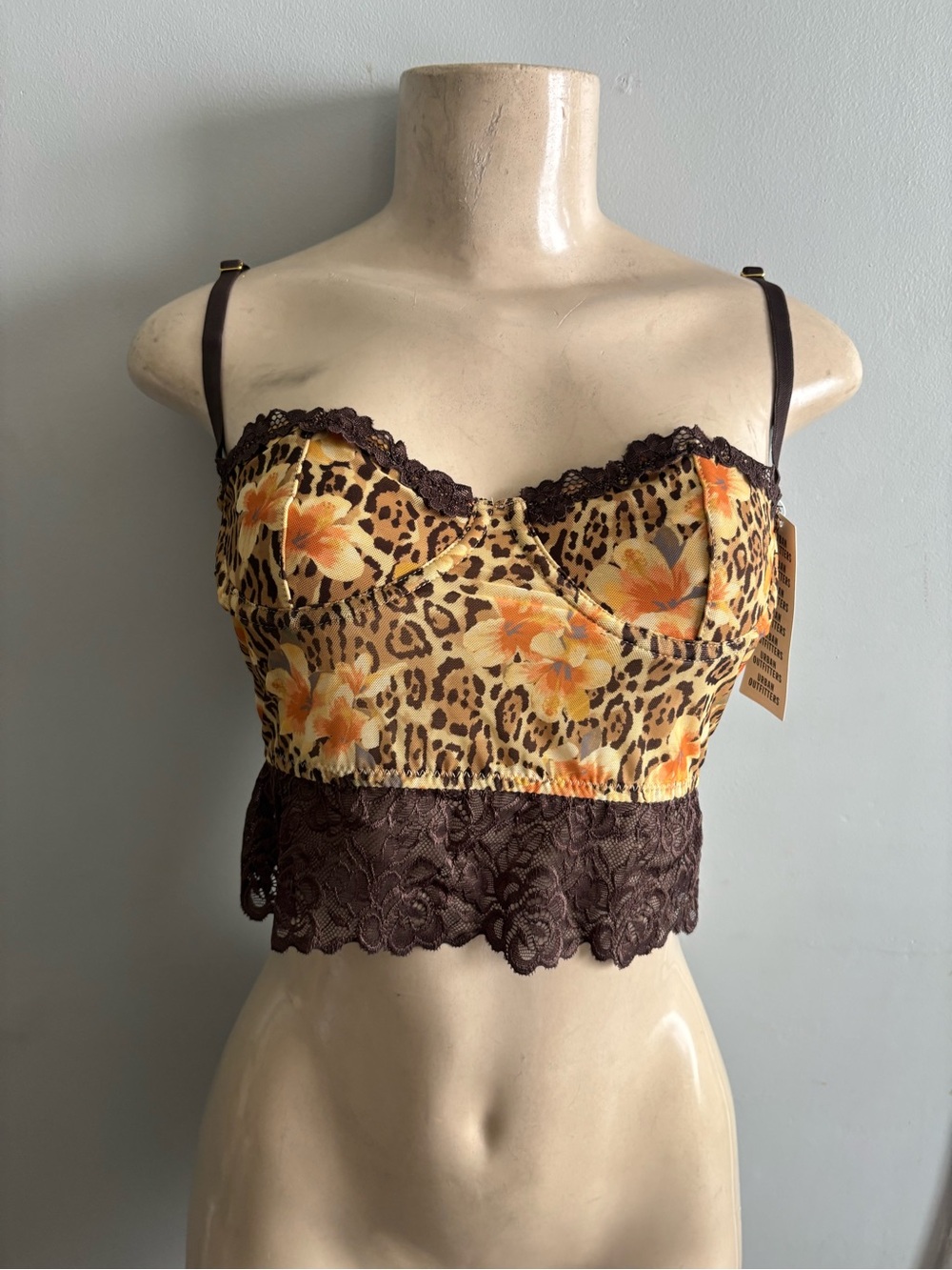 Urban Outfitters Brown and Yellow Floral Leopard Lace Trim Bralette